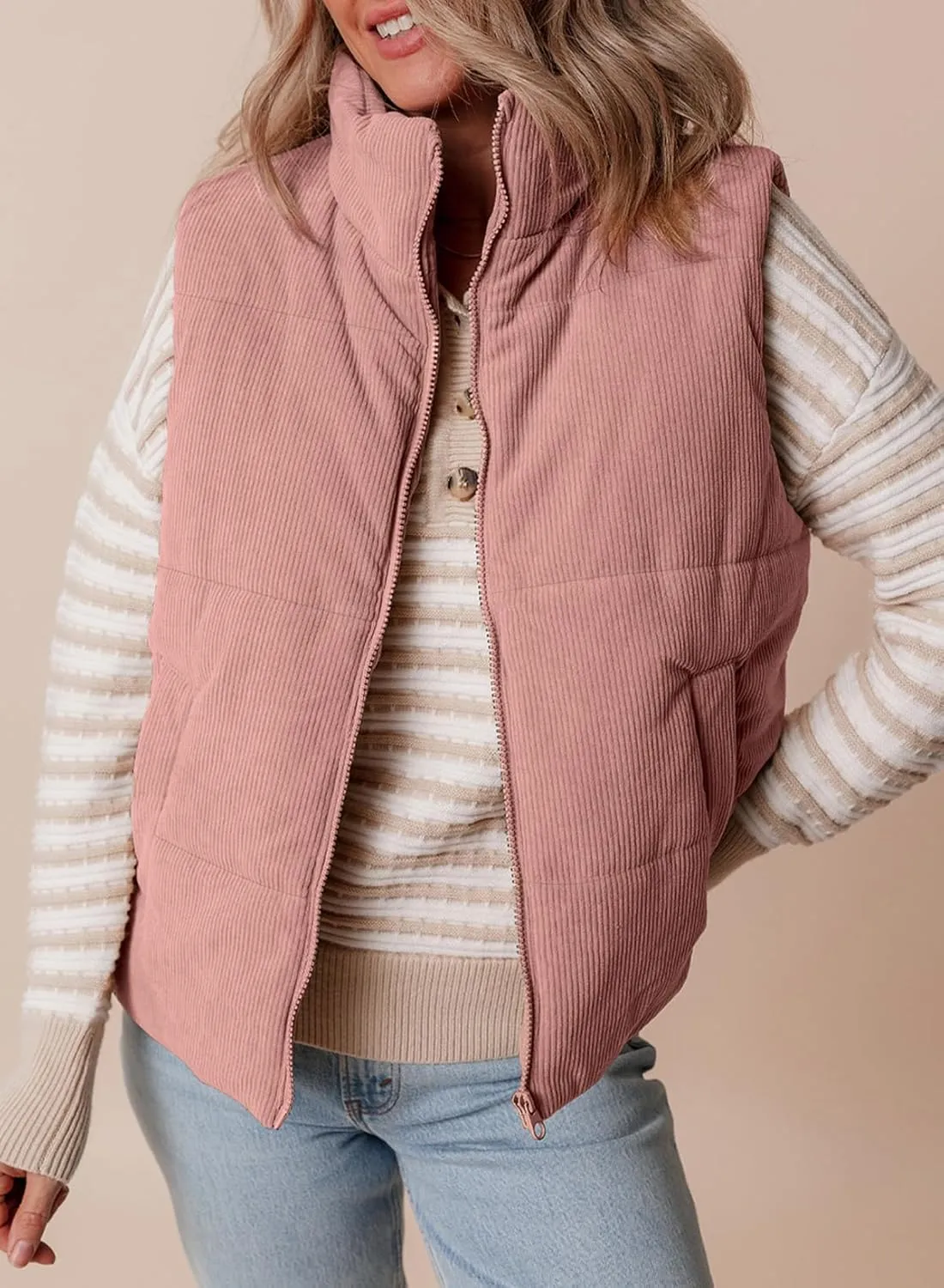 EVALESS Corduroy Cropped Puffer Vest for Women Lightweight Stand Collar Sleeveless Jackets Zip Up Clothes Fashion 2024