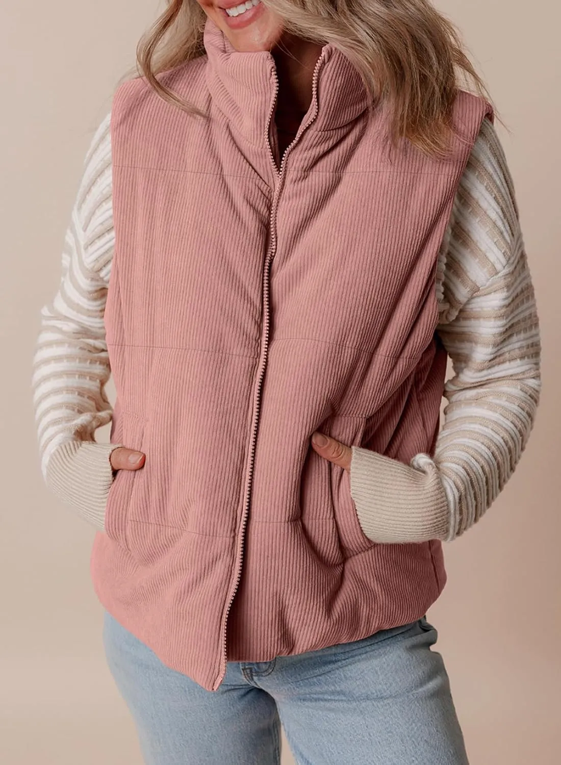EVALESS Corduroy Cropped Puffer Vest for Women Lightweight Stand Collar Sleeveless Jackets Zip Up Clothes Fashion 2024