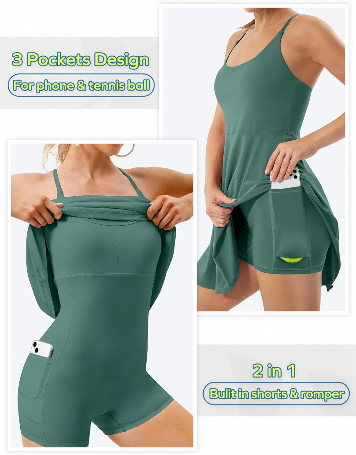 Ewedoos Tennis Dress Womens Athletic Dress Built in Shorts & Bra Adjustable Straps Workout Exercise Golf Summer Dress