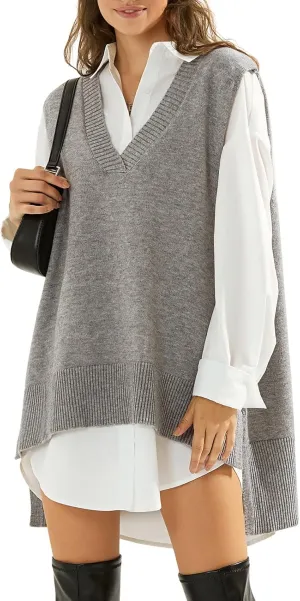 EXLURA Womens Oversized Sweater Vest Knit V Neck Tunic Casual Sleeveless Long Pullover Tank Tops Winter Spring Trendy 2025