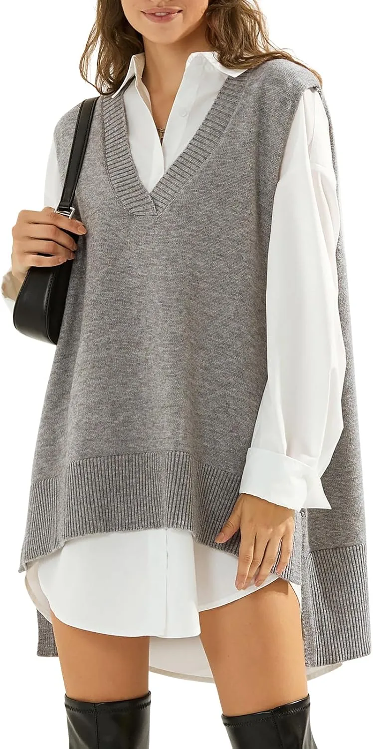 EXLURA Womens Oversized Sweater Vest Knit V Neck Tunic Casual Sleeveless Long Pullover Tank Tops Winter Spring Trendy 2025