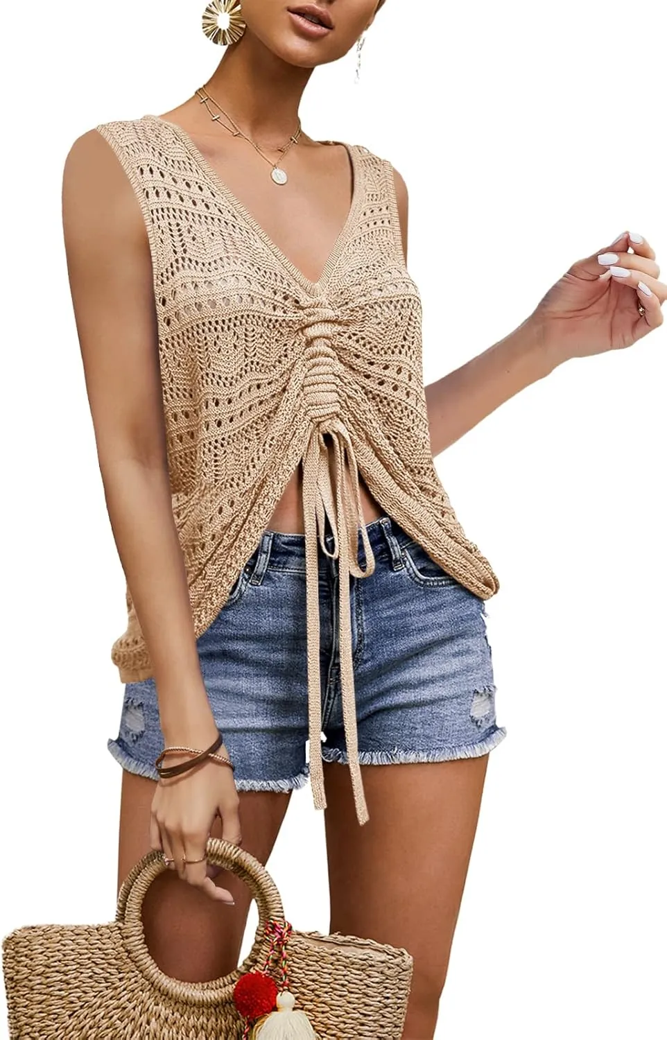 FERBIA Women Crochet Top Beach Cloth Drawstring Shirt Cover Up Oversized Sexy Beachwear Lace Up Tee Poncho