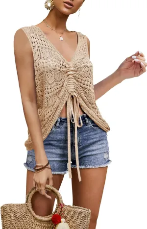 FERBIA Women Crochet Top Beach Cloth Drawstring Shirt Cover Up Oversized Sexy Beachwear Lace Up Tee Poncho