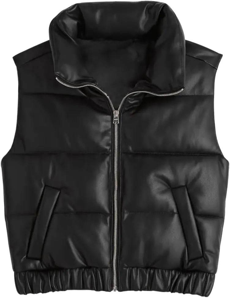 Fisoew Womens Faux Leather Puffer Vest High Stand Collar Zip Up Sleeveless Winter Cropped Jacket Gilet