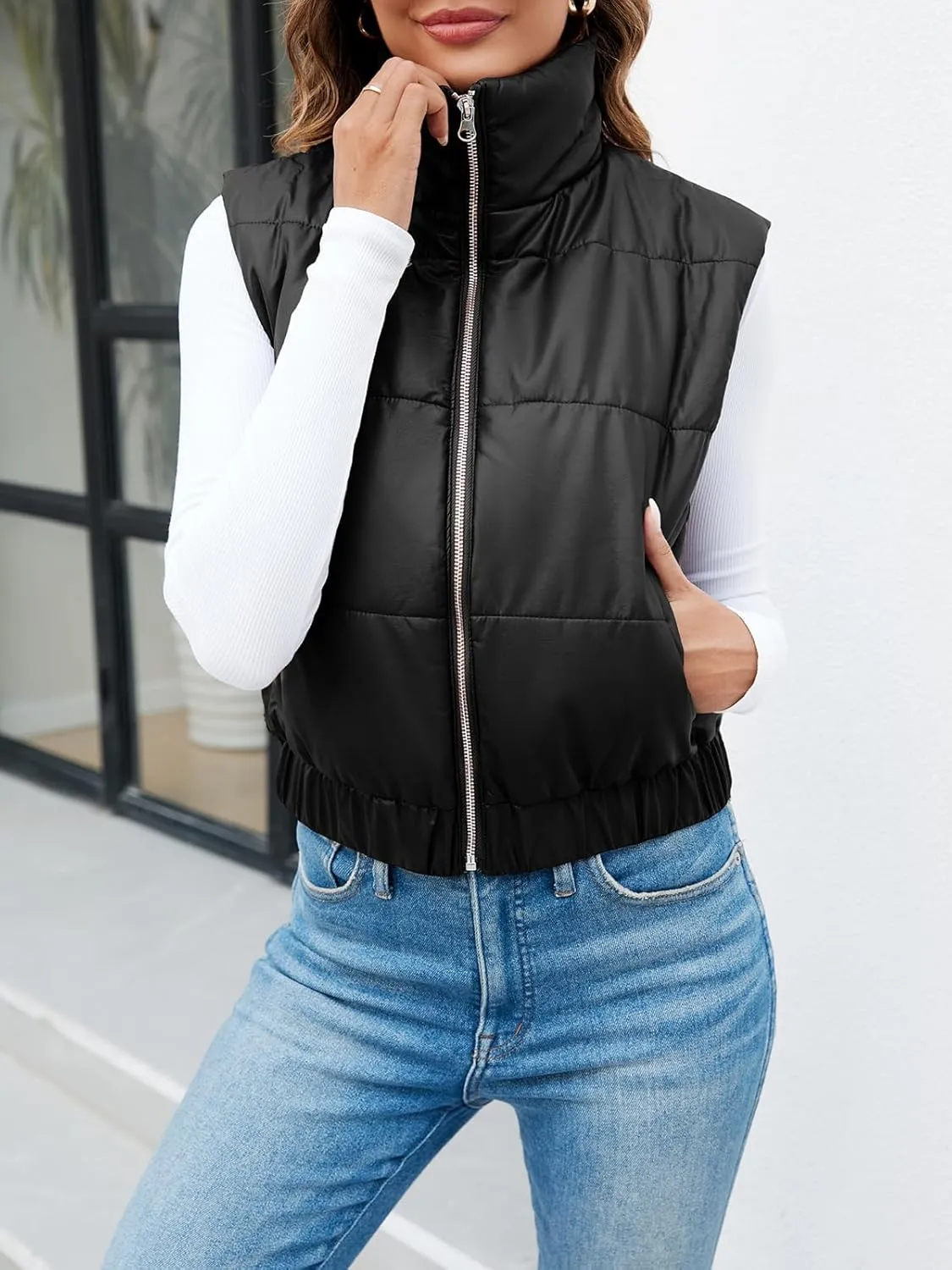 Fisoew Womens Faux Leather Puffer Vest High Stand Collar Zip Up Sleeveless Winter Cropped Jacket Gilet