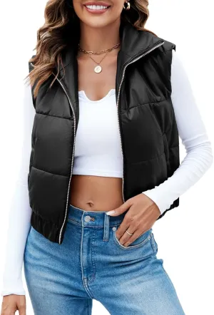 Fisoew Womens Faux Leather Puffer Vest High Stand Collar Zip Up Sleeveless Winter Cropped Jacket Gilet