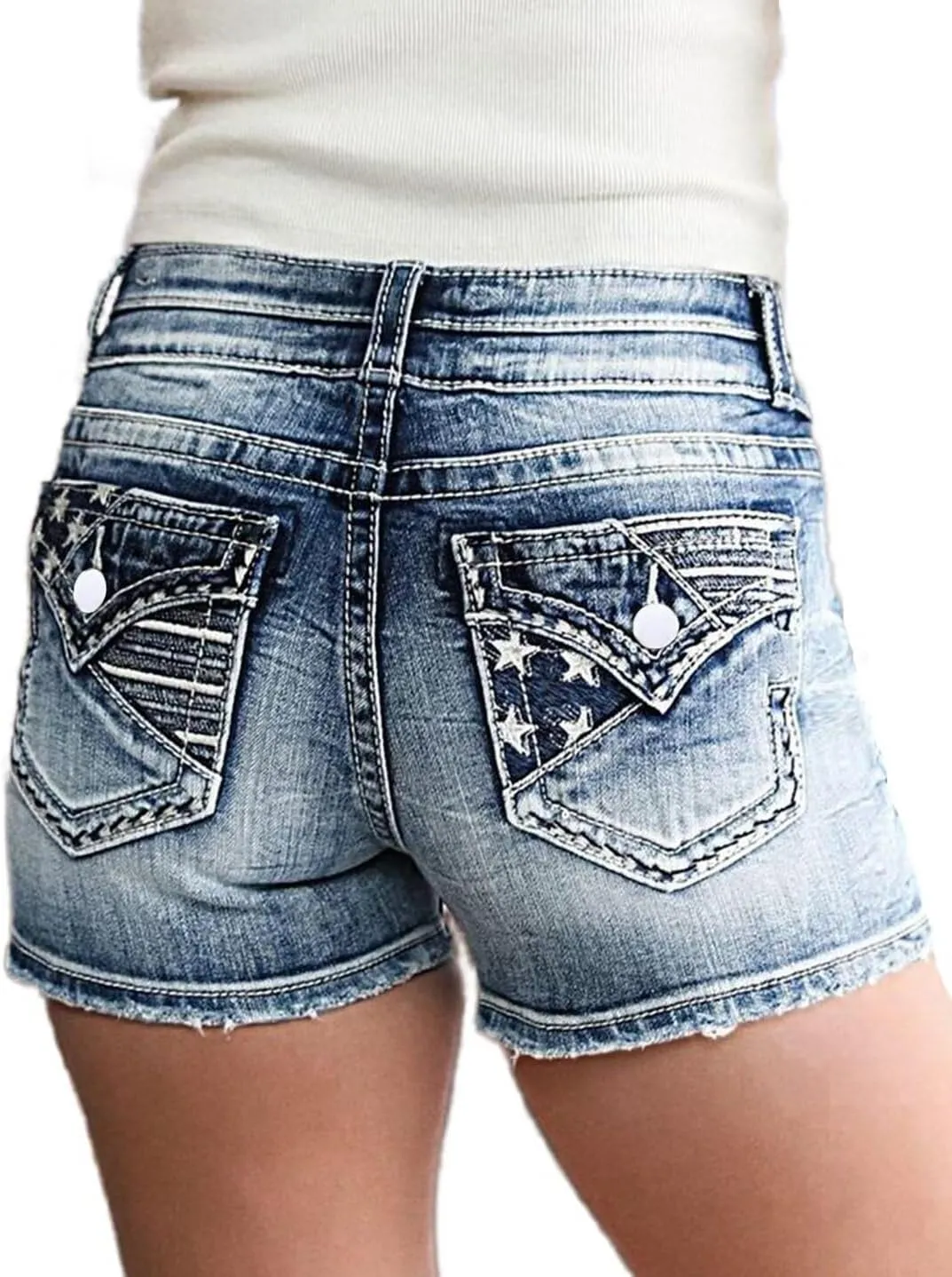 Flamingals Jean Shorts for Women Denim Mid Waist Skinny Stretchy Casual Summer Raw Hem Shorts