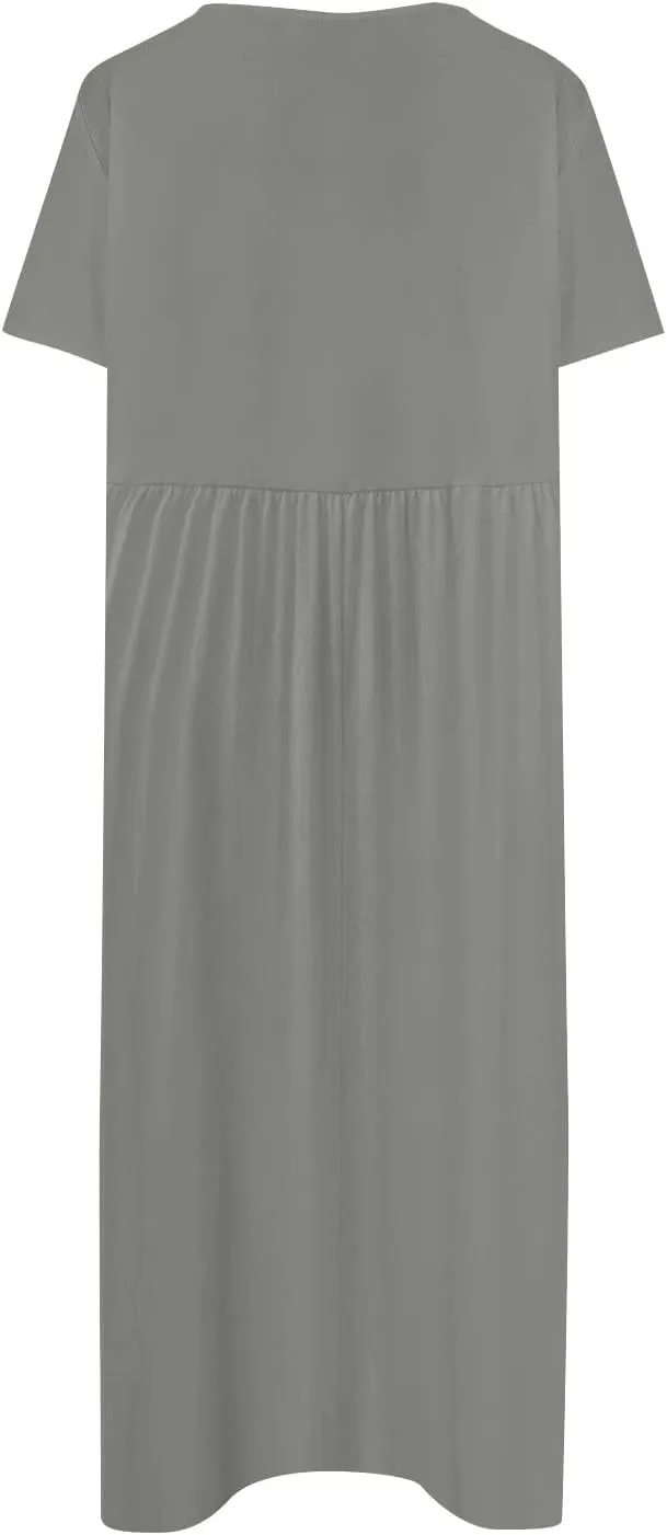 FlekmanArt Dresses for Women 2024 Round Neck Pocket Long Dresses Pleated Printed Dresses Short Sleeve Casual Beach Dress