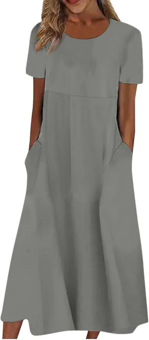 FlekmanArt Dresses for Women 2024 Round Neck Pocket Long Dresses Pleated Printed Dresses Short Sleeve Casual Beach Dress
