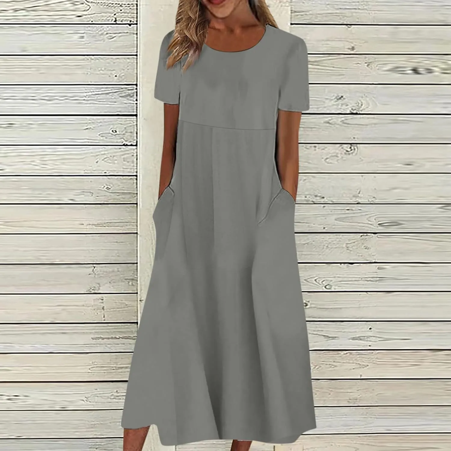 FlekmanArt Dresses for Women 2024 Round Neck Pocket Long Dresses Pleated Printed Dresses Short Sleeve Casual Beach Dress
