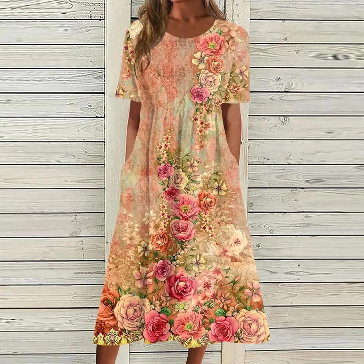 FlekmanArt Dresses for Women 2025 Printed Pleated Long Dress Pocket Short Sleeve Dresses Round Neck Loose Beach Dress