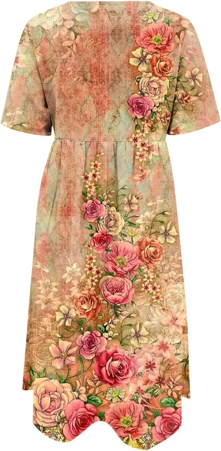 FlekmanArt Dresses for Women 2025 Printed Pleated Long Dress Pocket Short Sleeve Dresses Round Neck Loose Beach Dress