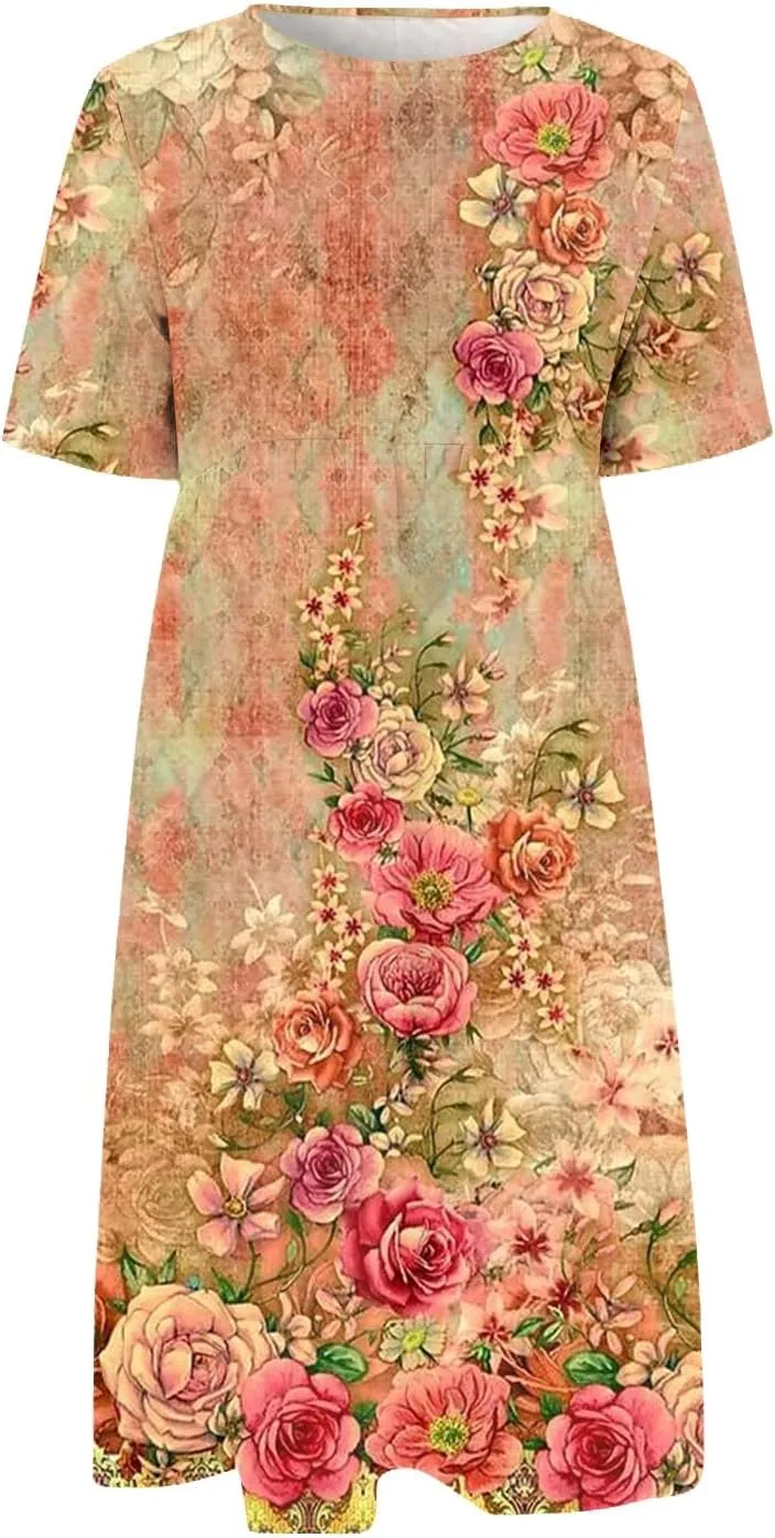 FlekmanArt Dresses for Women 2025 Printed Pleated Long Dress Pocket Short Sleeve Dresses Round Neck Loose Beach Dress