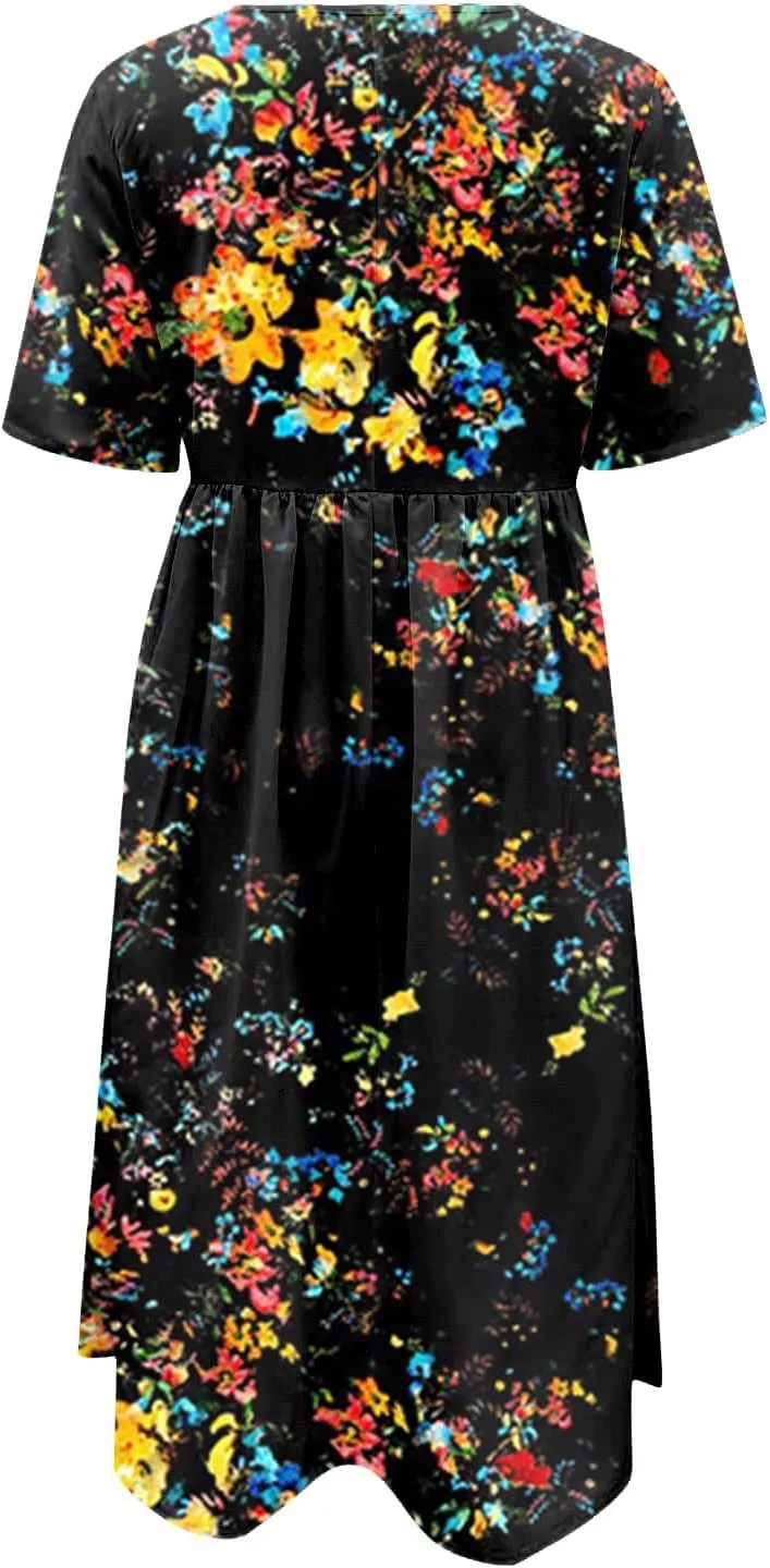 FlekmanArt Dresses for Women 2025 Printed Pleated Long Dress Pocket Short Sleeve Dresses Round Neck Loose Beach Dress