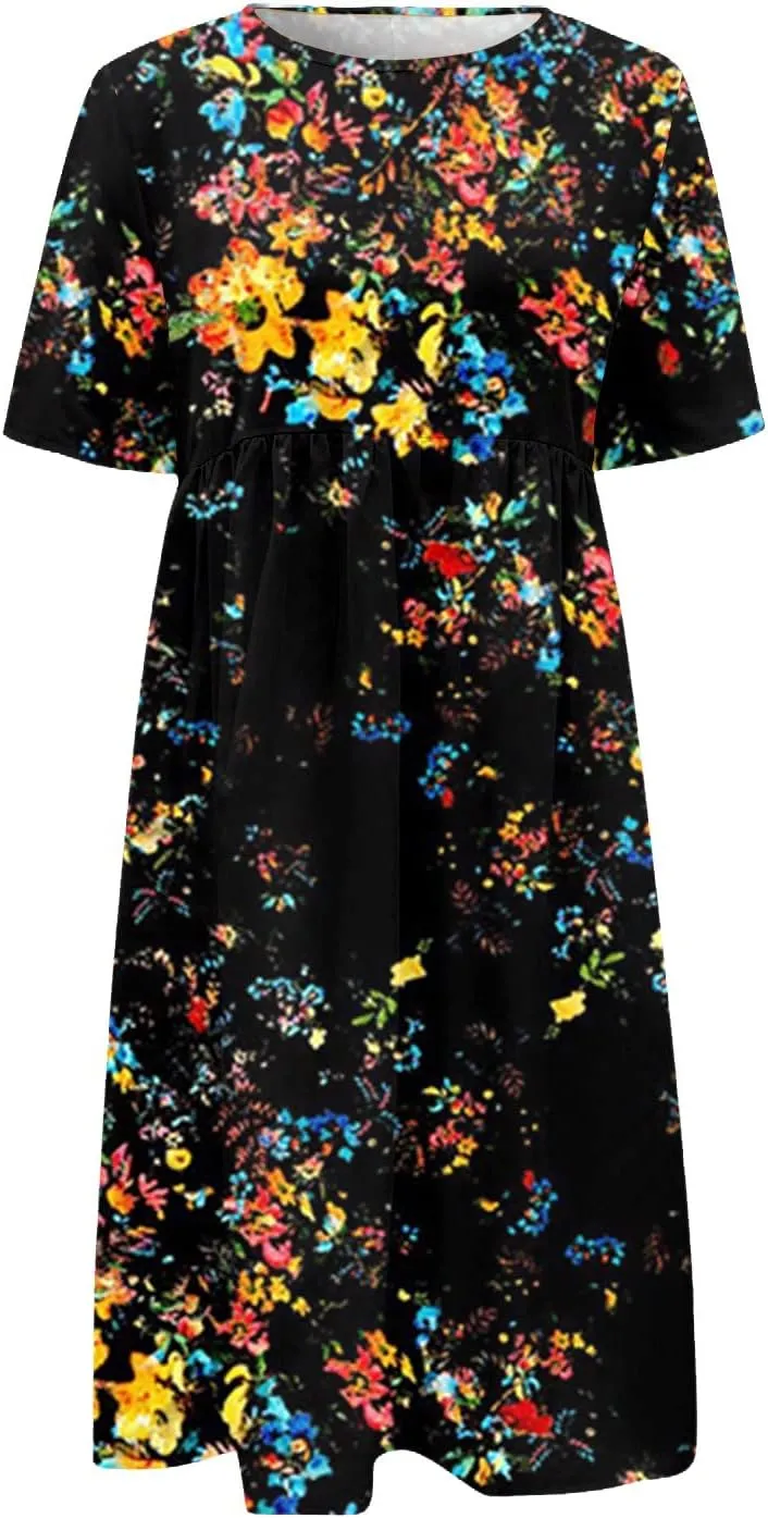 FlekmanArt Dresses for Women 2025 Printed Pleated Long Dress Pocket Short Sleeve Dresses Round Neck Loose Beach Dress