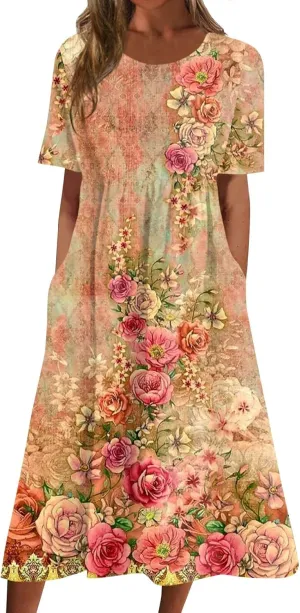 FlekmanArt Dresses for Women 2025 Printed Pleated Long Dress Pocket Short Sleeve Dresses Round Neck Loose Beach Dress