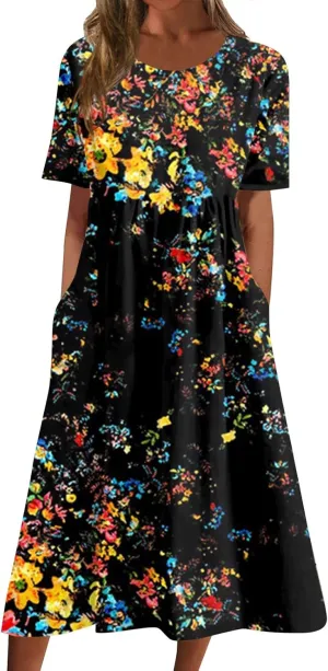 FlekmanArt Dresses for Women 2025 Printed Pleated Long Dress Pocket Short Sleeve Dresses Round Neck Loose Beach Dress