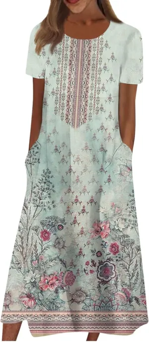 FlekmanArt Women's 2025 Summer Maxi Dress, Pocket Printed, Pleated Round Neck, Short Sleeve, Casual, Long Dress