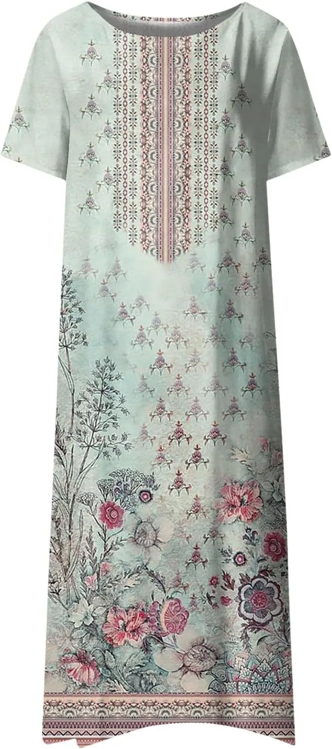 FlekmanArt Women's 2025 Summer Maxi Dress, Pocket Printed, Pleated Round Neck, Short Sleeve, Casual, Long Dress
