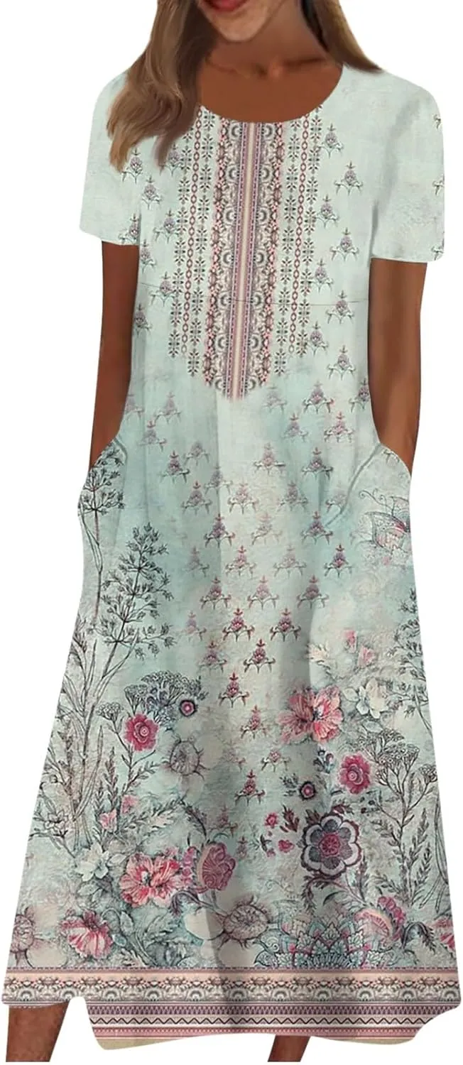 FlekmanArt Women's 2025 Summer Maxi Dress, Pocket Printed, Pleated Round Neck, Short Sleeve, Casual, Long Dress
