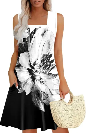 FlekmanArt Womens Summer Dresses Flowy Sleeveless Mini Dress Beach Casual Sundresses Prited Tshirt Tank Dresses with Pockets