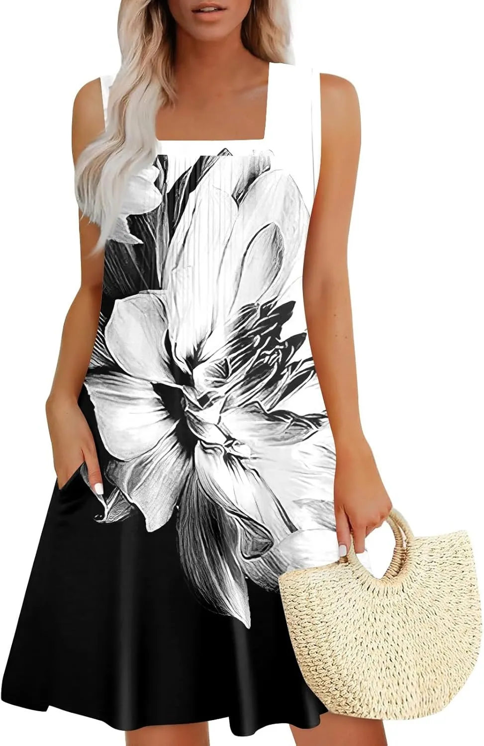 FlekmanArt Womens Summer Dresses Flowy Sleeveless Mini Dress Beach Casual Sundresses Prited Tshirt Tank Dresses with Pockets