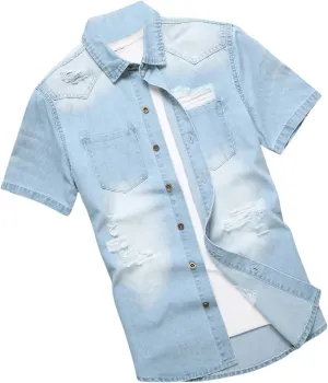 Floerns Men's Causal Ripped Button Front Dual Pocket Short Sleeve Denim Shirt Without Tee