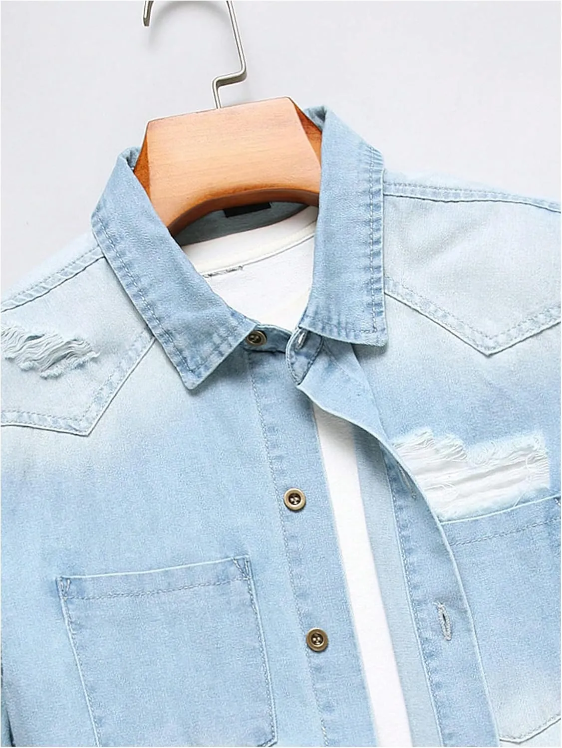 Floerns Men's Causal Ripped Button Front Dual Pocket Short Sleeve Denim Shirt Without Tee