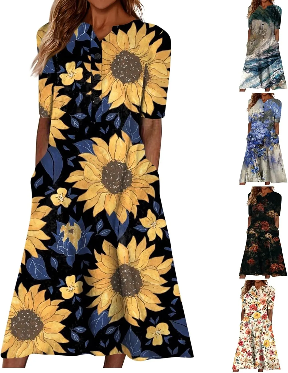Floral Dress for Women V Neck Summer Elegant Plus Size Flowy Casual Smocked Short Sleeve Button Down Midi Dress