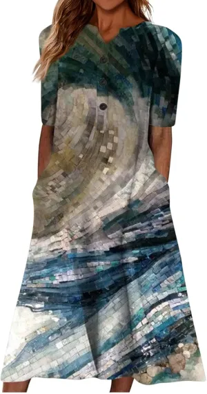 Floral Dress for Women V Neck Summer Elegant Plus Size Flowy Casual Smocked Short Sleeve Button Down Midi Dress