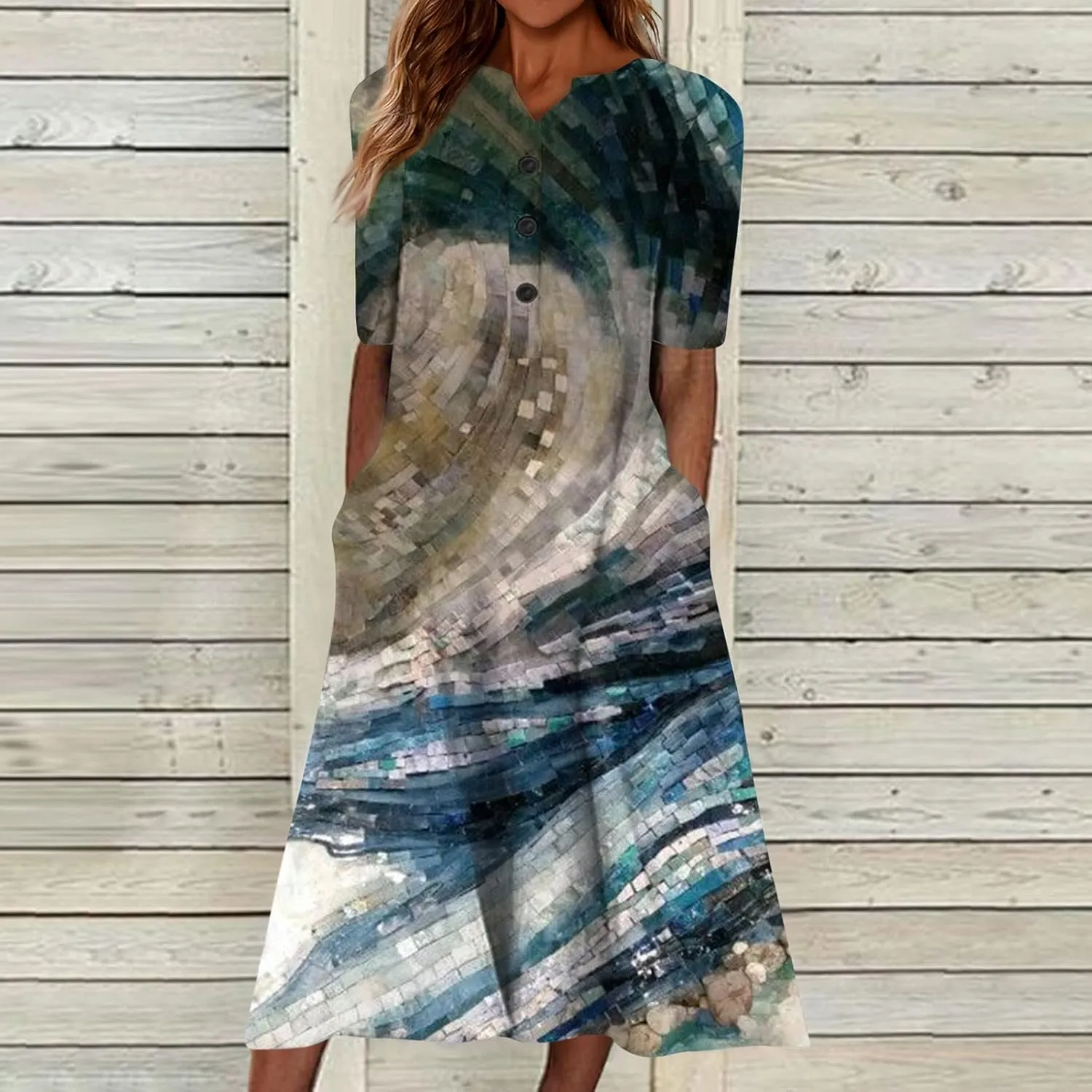 Floral Dress for Women V Neck Summer Elegant Plus Size Flowy Casual Smocked Short Sleeve Button Down Midi Dress