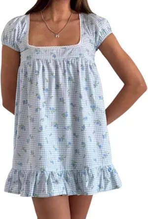 Floral Square Neck Short Ruffle Hem Dress Gingham Babydoll Mini Dress Women Coquette Cute Summer Dresses