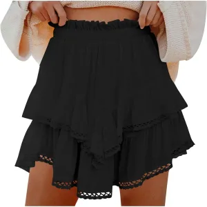 Flowy Boho Shorts for Women Casual Ruffle Tiered Skort Short High Waist Mini Skirts Golf Tennis Lace Crochet Short