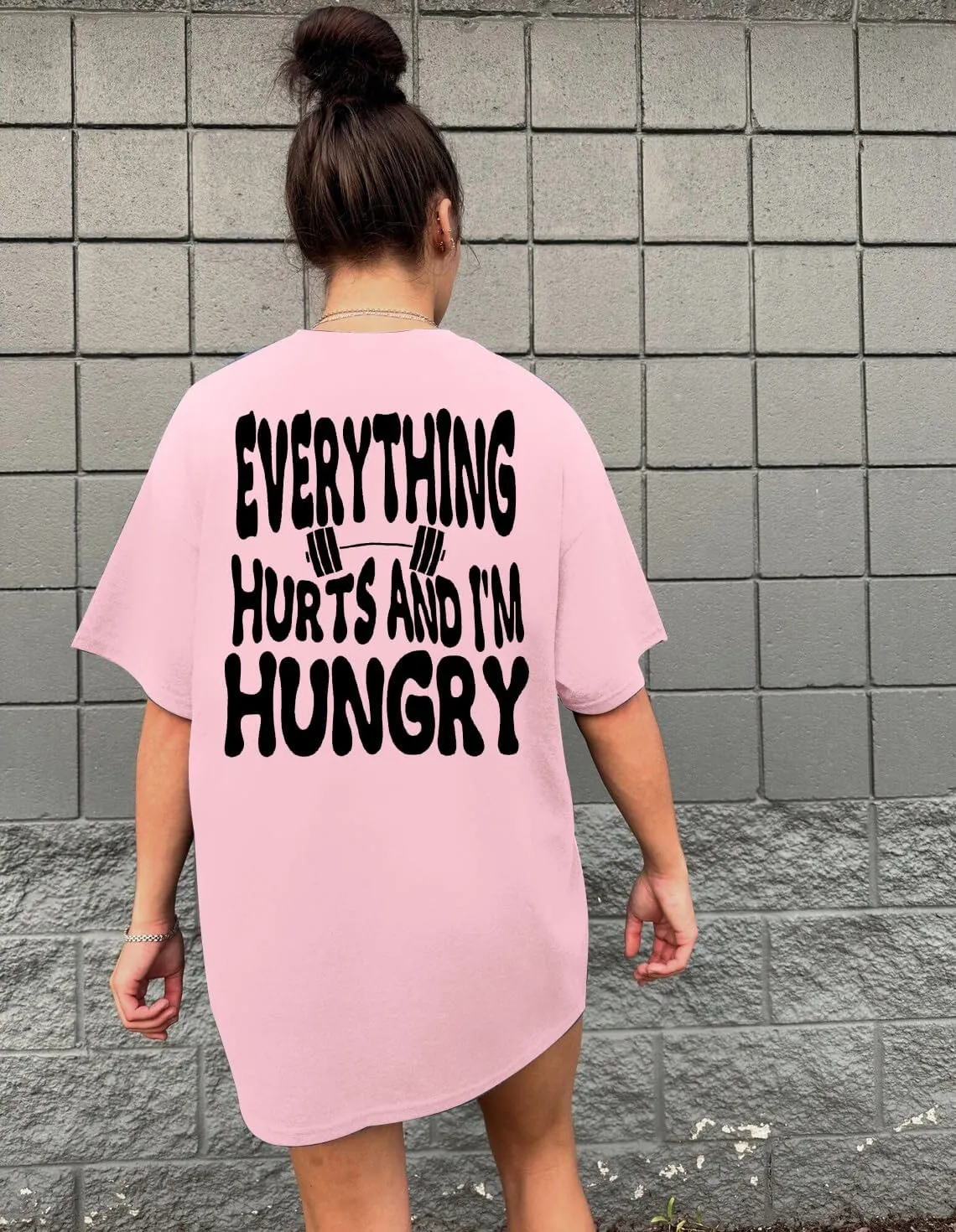 Funny Workout Shirts Women Oversized Gym Weightlifting Graphic Tshirt Everything Hurts and I'm Hungry Tee Tops