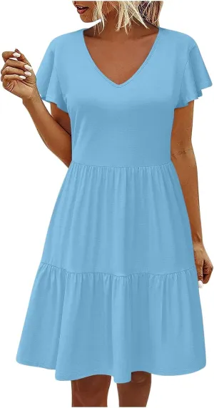 FZYLQY Womens 2024 Summer Casual Dresses Short Sleeve Ruffle V Neck Beach Mini Dress Smocked High Waist Short Sundresses