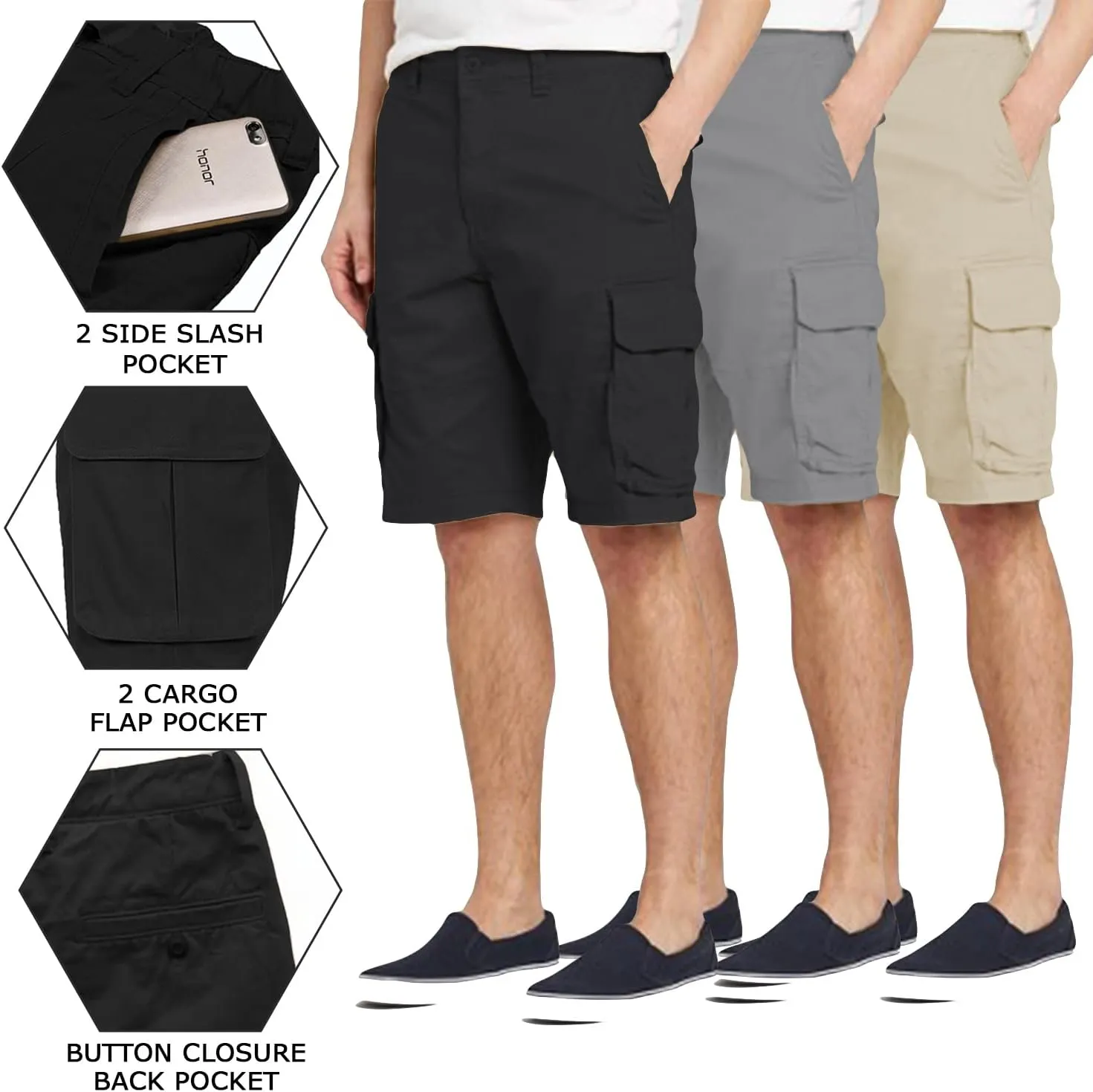 Galaxy by Harvic Men's Belted Cargo Shorts, Cotton Stretch Shorts with Multi Pockets, 3 Pack