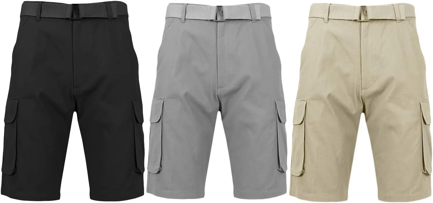 Galaxy by Harvic Men's Belted Cargo Shorts, Cotton Stretch Shorts with Multi Pockets, 3 Pack