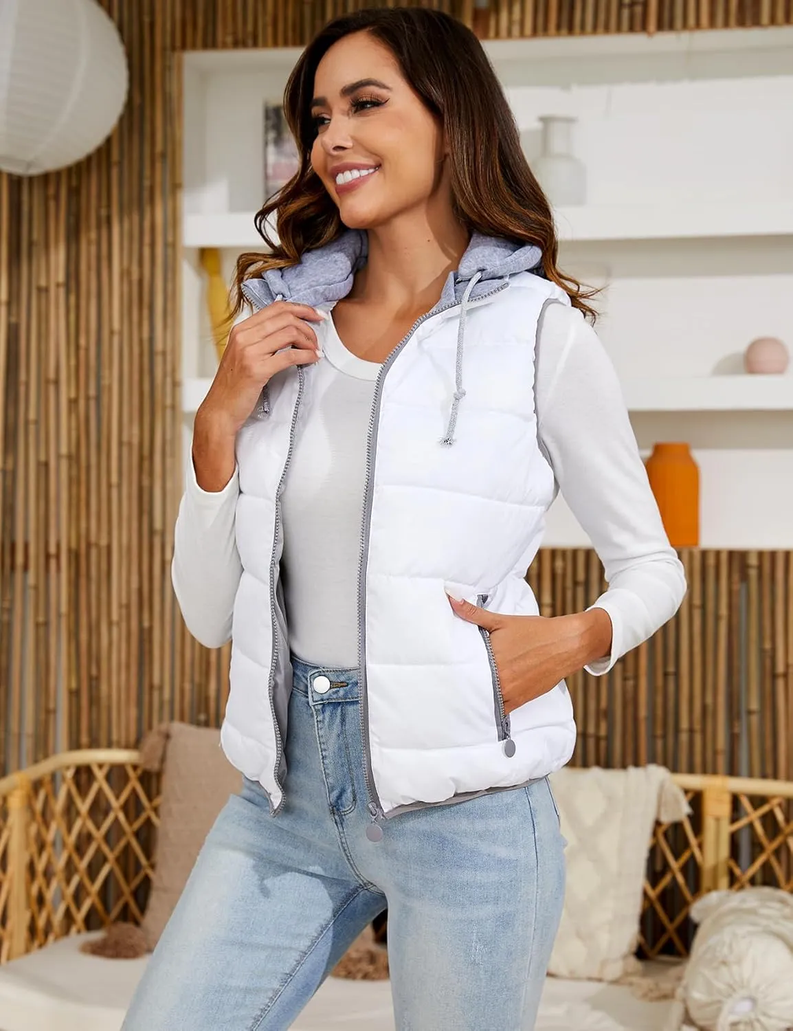 Gihuo Women's Puffer Vest Zip Up Quilted Padded Winter Sleeveless Hooded Vest Gilet Warm Jacket Outerwear Vest