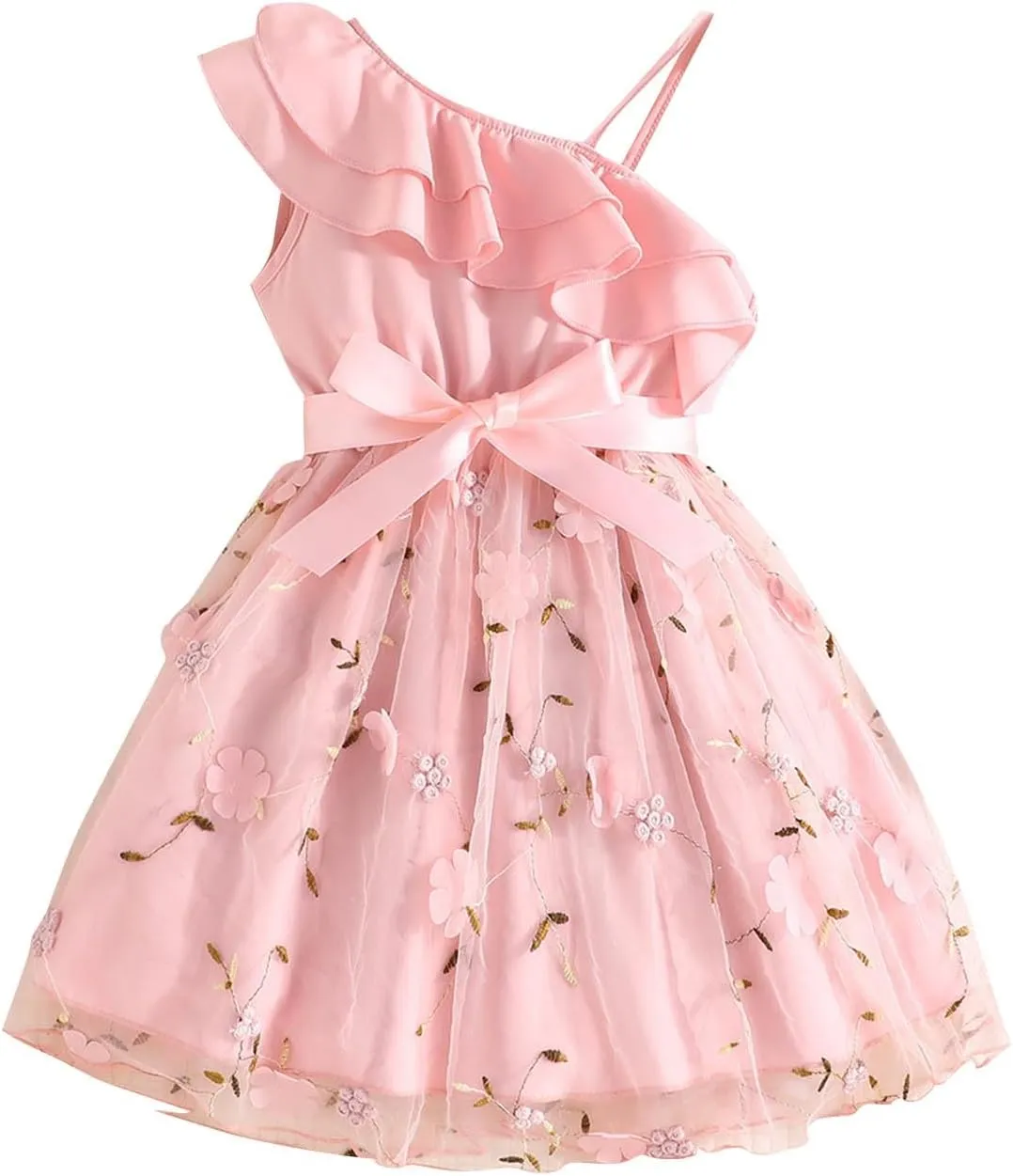 Girls Ruffle One Shoulder Summer Cute Floral Tulle Dress Kids Baby Toddler A-Line Mesh Party Dresses for 2-8 Years