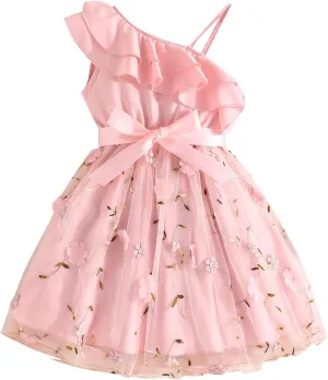 Girls Ruffle One Shoulder Summer Cute Floral Tulle Dress Kids Baby Toddler A-Line Mesh Party Dresses for 2-8 Years