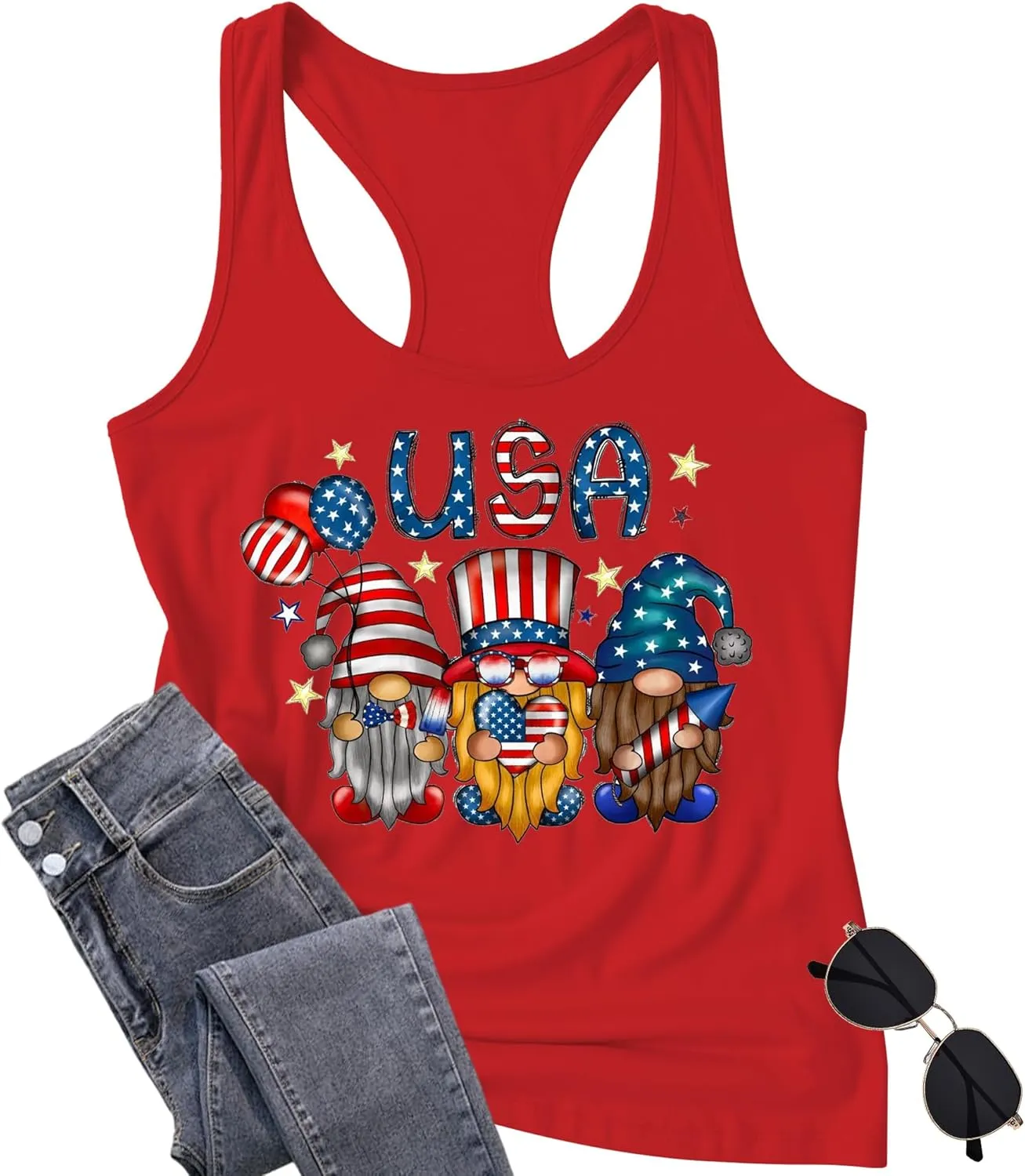 Gnome 4th of July Tank Top Women Patriotic USA Flag Shirt American Flag Sleeveless Tee