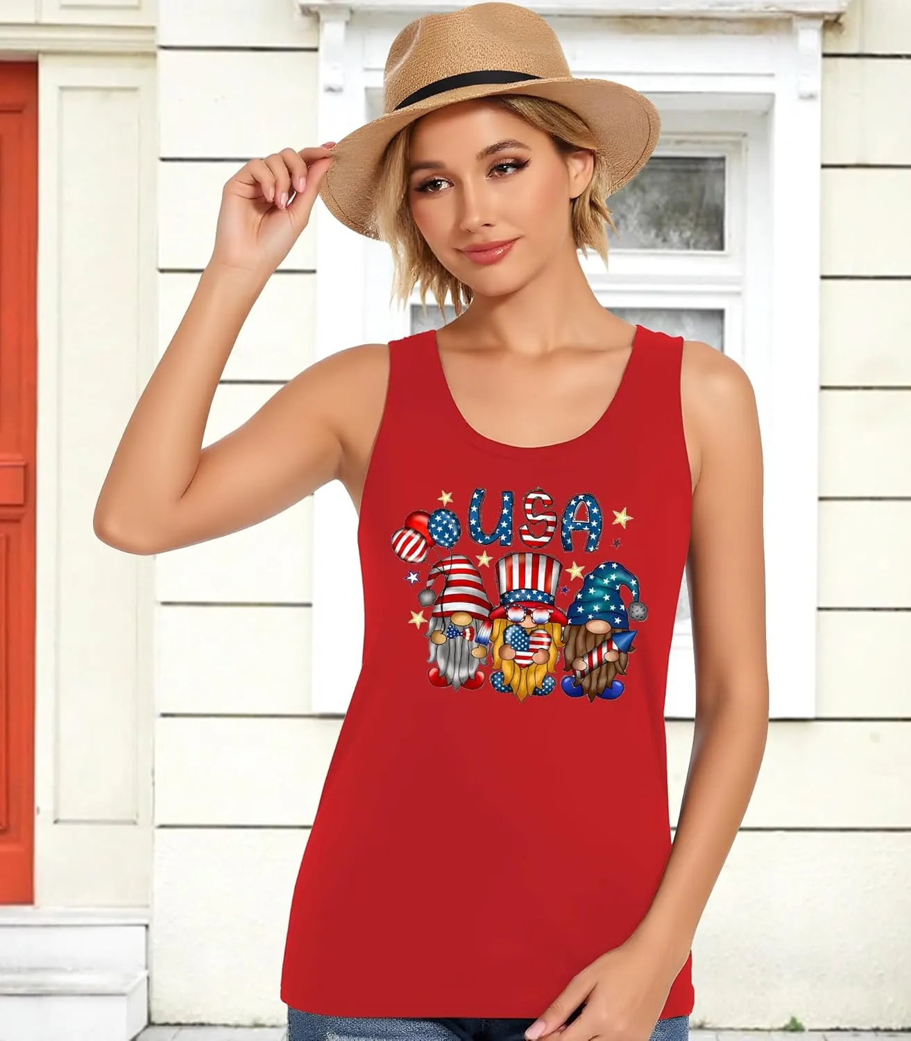Gnome 4th of July Tank Top Women Patriotic USA Flag Shirt American Flag Sleeveless Tee