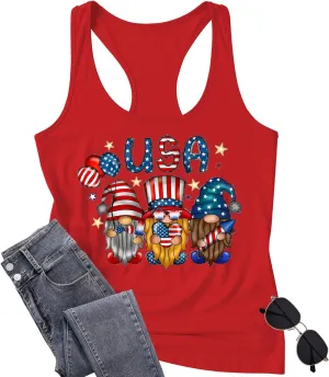 Gnome 4th of July Tank Top Women Patriotic USA Flag Shirt American Flag Sleeveless Tee