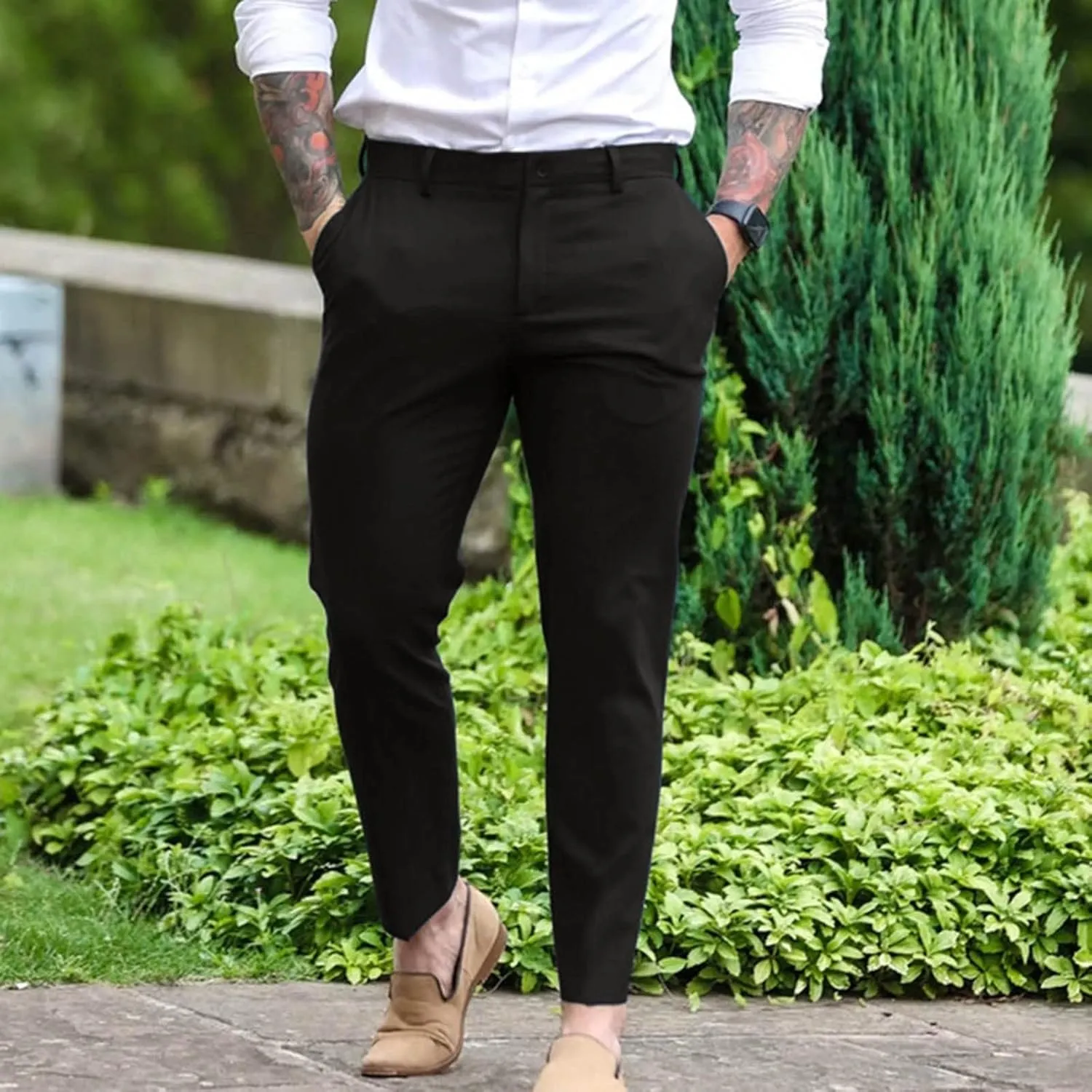 GOKKILRW Mens Slim Fit Dress Tapered Leg Pants Casual Business Office Work Pants Comfy Flat-Front Stretch Chino Golf Trousers