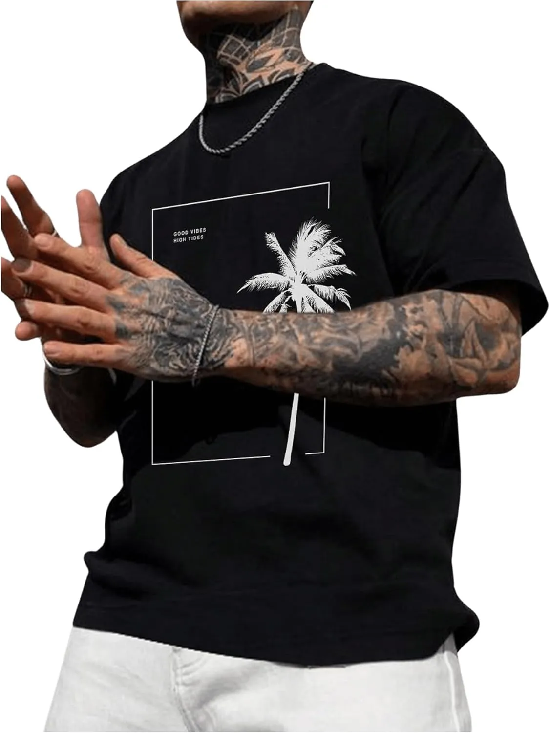 GORGLITTER Men's Crewneck T Shirt Letter Graphic Short Sleeve Casual Drop Shoulder Oversized Tee