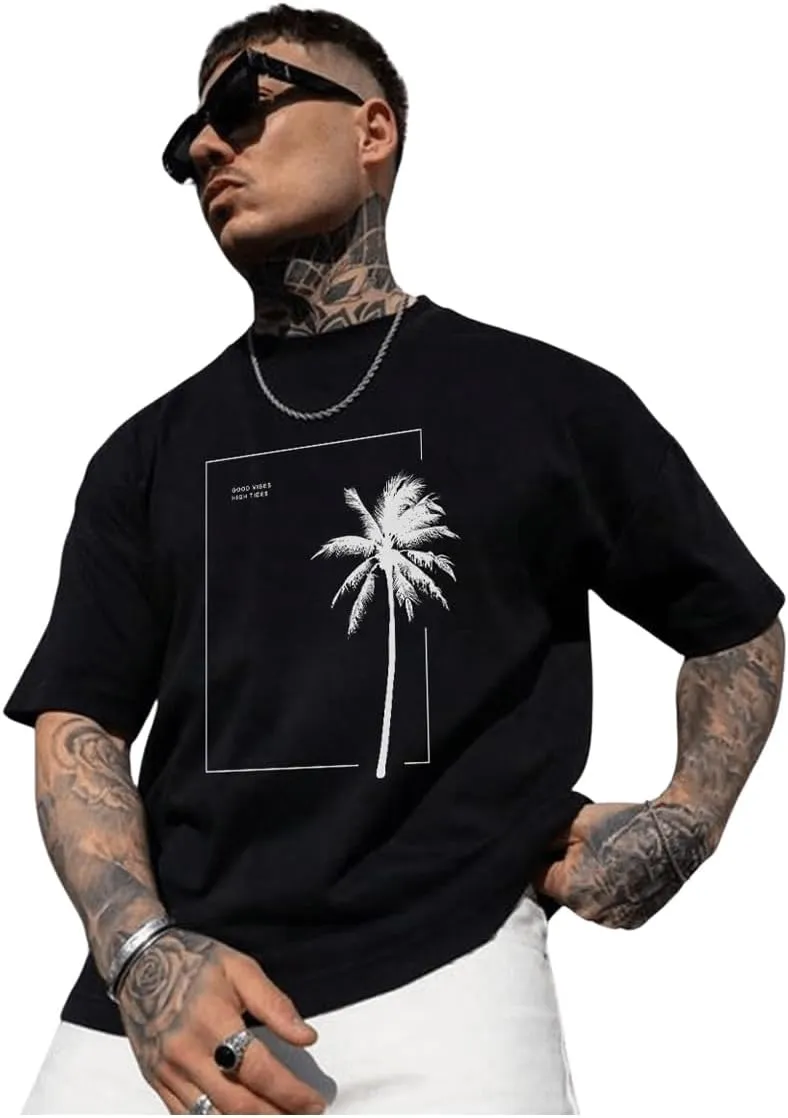 GORGLITTER Men's Crewneck T Shirt Letter Graphic Short Sleeve Casual Drop Shoulder Oversized Tee