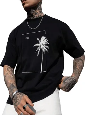 GORGLITTER Men's Crewneck T Shirt Letter Graphic Short Sleeve Casual Drop Shoulder Oversized Tee