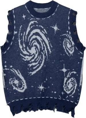 GORGLITTER Men's Graphic Pattern Distressed Raw Trim Sweater Vest Sleeveless Crewneck Knit Top