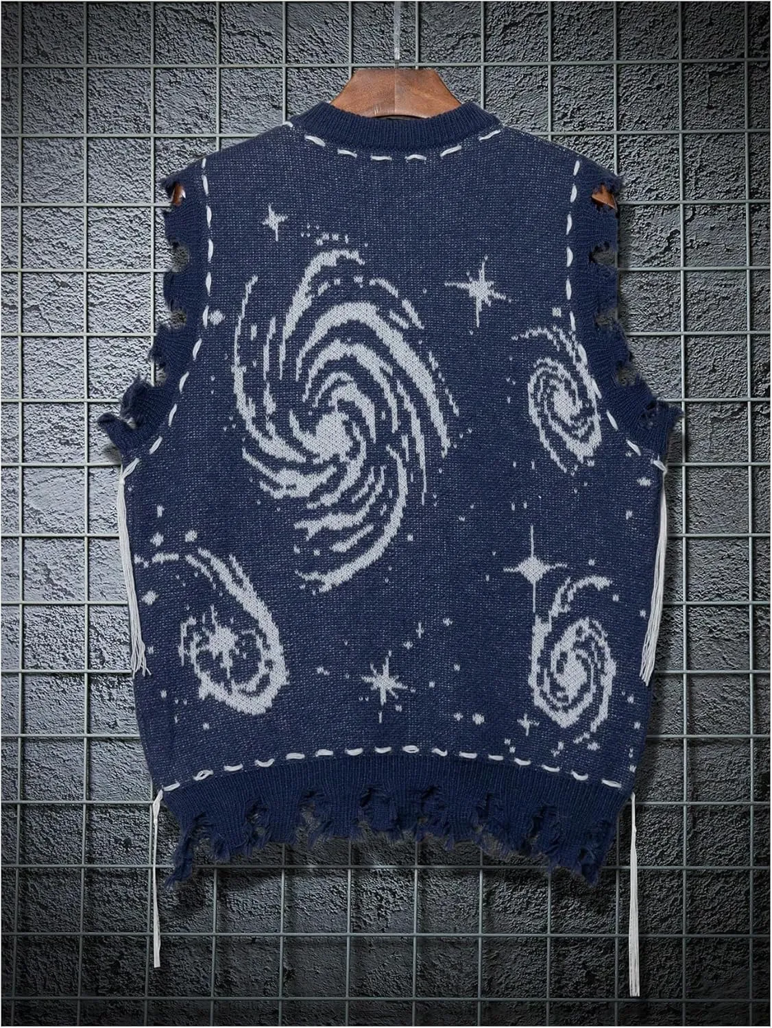 GORGLITTER Men's Graphic Pattern Distressed Raw Trim Sweater Vest Sleeveless Crewneck Knit Top