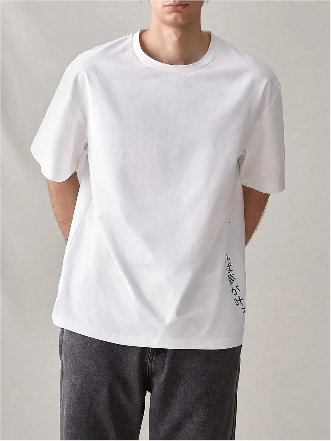 GORGLITTER Men's Japanese Letter Graphic Tee Top Oversized Short Sleeve Casual Aesthetic Print T-Shirt